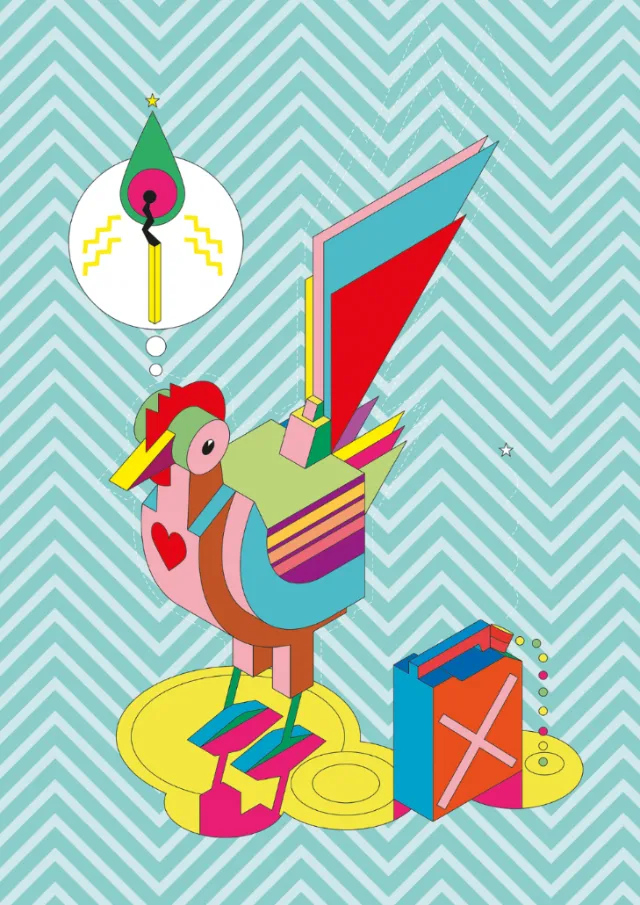 Colorful abstract bird made of geometric shapes by Tobias Wandres