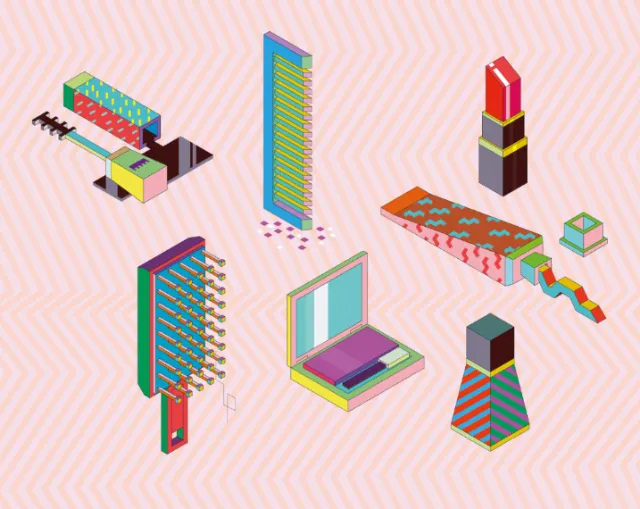 Colorful 3D geometric shapes with patterns on a patterned background by Tobias Wandres