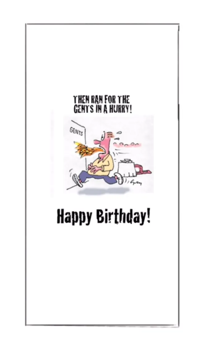 Cartoon of man running with gifts and suitcase Happy Birthday Gray Jolliffe