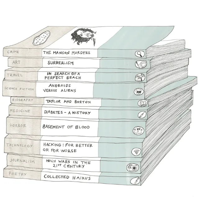 Line drawing of book covers by Sarah Beetson 