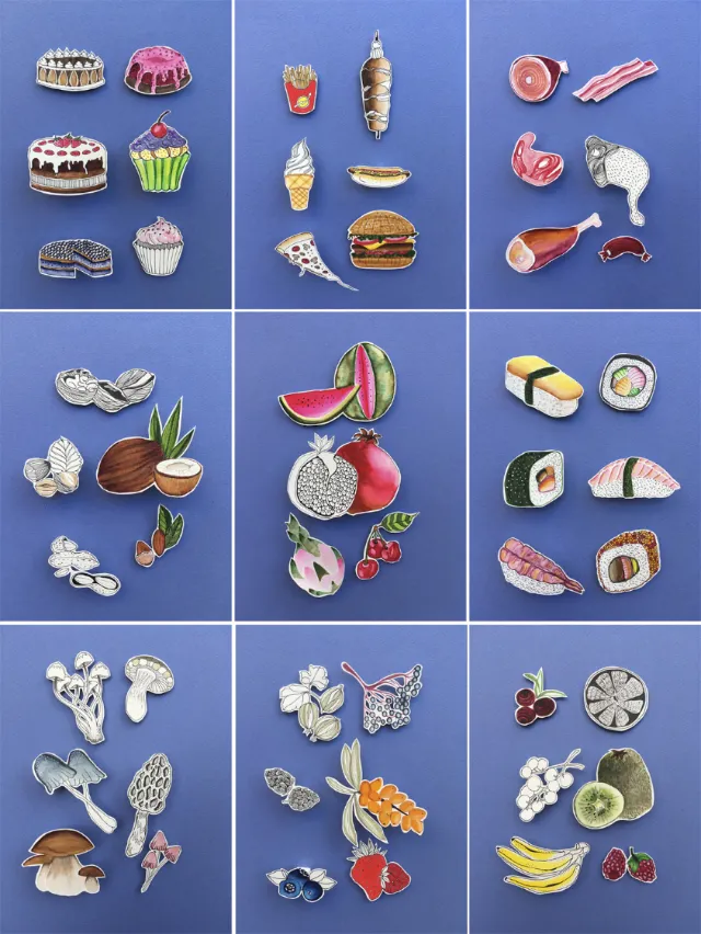 Enamel pins of food, fruits, flowers, and animals by Martha von Maydell