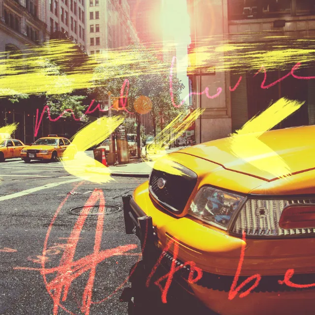 Graphic of yellow car on the road