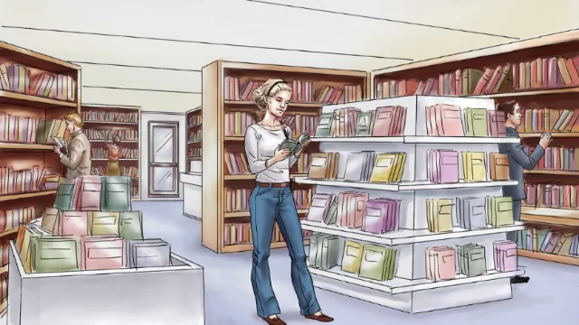Graphic storyboard of woman in library
