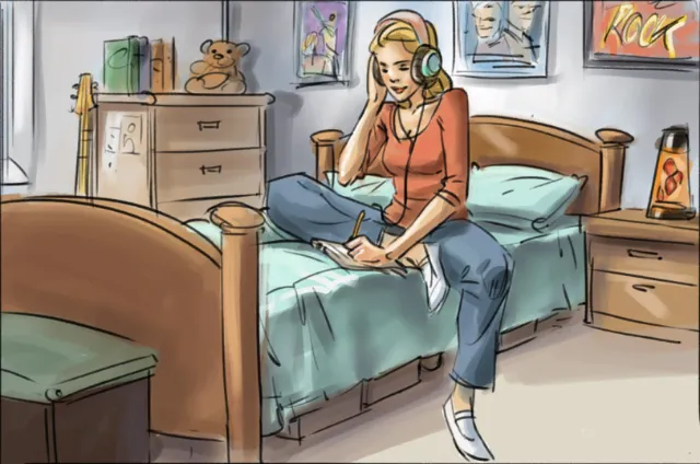 Graphic illustration of woman with headphones
