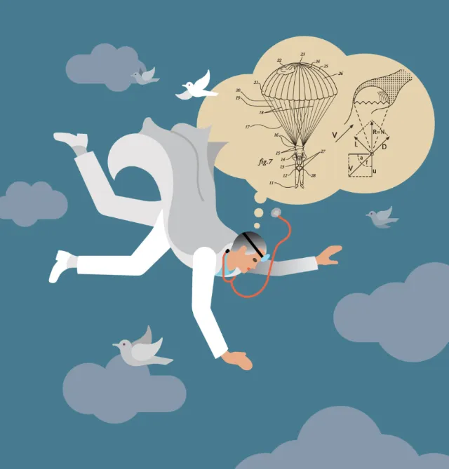 Falling man with balloon invention sketch and birds by Klaus Meinhardt