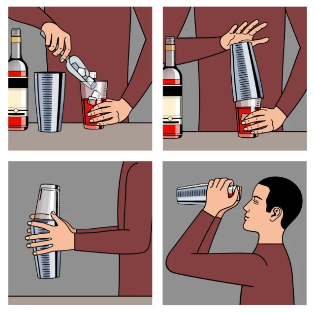 Cocktail making steps shown in four panels by Klaus Meinhardt