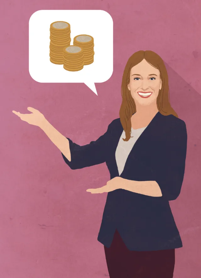 Smiling woman presenting stack of coins illustration by Andreas Schickert