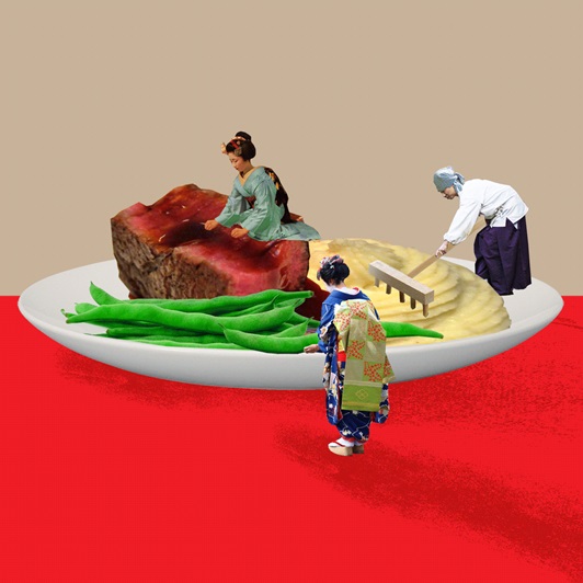 Animation of people slicing food