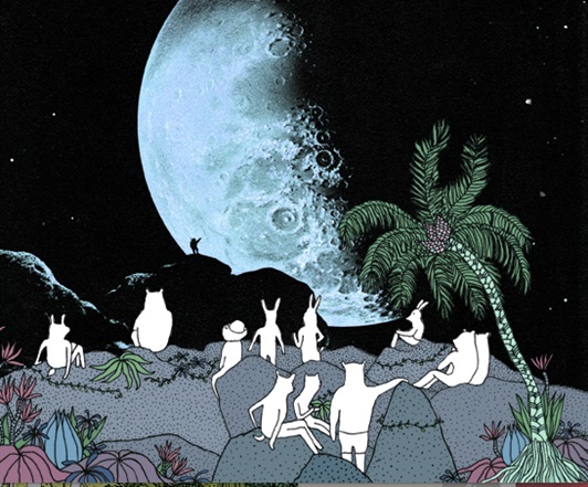 Animaiton of man flying to moon
